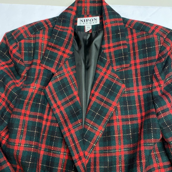 Wool Christmas Blazer 2 Button Red/Green/Gold Plaid Women’s Size 14 Shoulder Pad - Picture 3 of 13